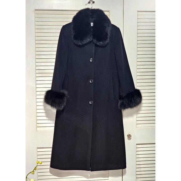 Forecaster Of Boston Women's Black Lambswool Long Coat With Fur Trim Size 6 235 - Picture 13 of 16